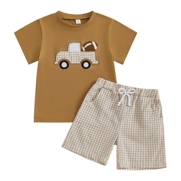 HCNTES Toddler Baby Boy Back To School Set 2Pcs Summer Embroidered Short Sleeve Shirt Plaid Shorts Preschool Outfit(2-3 Years,Coffee)