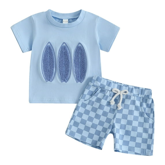HCNTES Toddler Baby Boy Clothes Beach Embroidery Short Sleeve T Shirt and Elastic Waist Shorts Set Summer Outfit(12-18 Months,Blue)