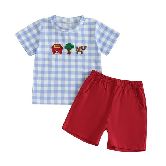 HCNTES Toddler Baby Boy Clothes Farm Embroidered Short Sleeve T Shirt And Plaid Shorts Set 2Pcs Summer Outfit simple joy carters toddler boy short sets(6-12 Months,Sky Blue)
