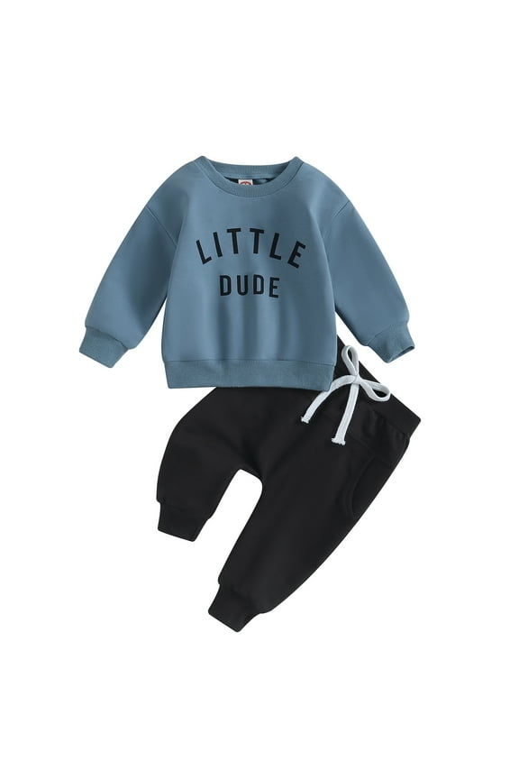 Toddler Baby Boy Clothes Letter Crewneck Fall Boy Winter Outfits Sweatshirt Long Sleeve Pants Clothes Set(3-6 Months,S1670-Blue)