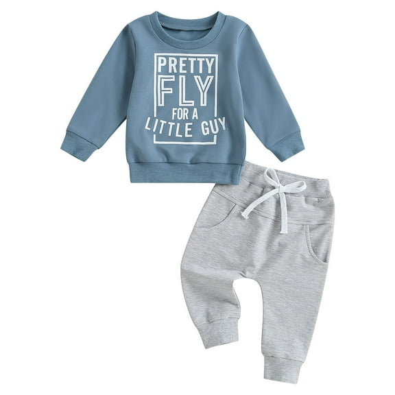 HCNTES Toddler Baby Boy Clothes Set Letter Print Long Sleeve Crewneck Sweatshirt Tops Pants Set 2Pcs Fall Winter Outfits(Q306-Sky Blue,12-18 Months)
