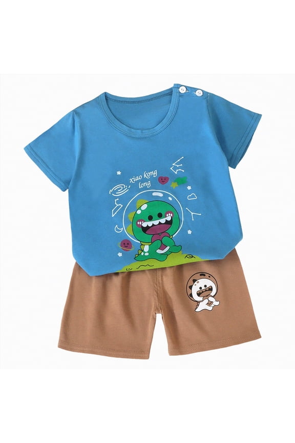 Toddler Baby Boy Clothes Summer Outfit Short Sleeve Dinosaur Print T-Shirt Shorts Set for Children(L01-Blue,6-9 Months)