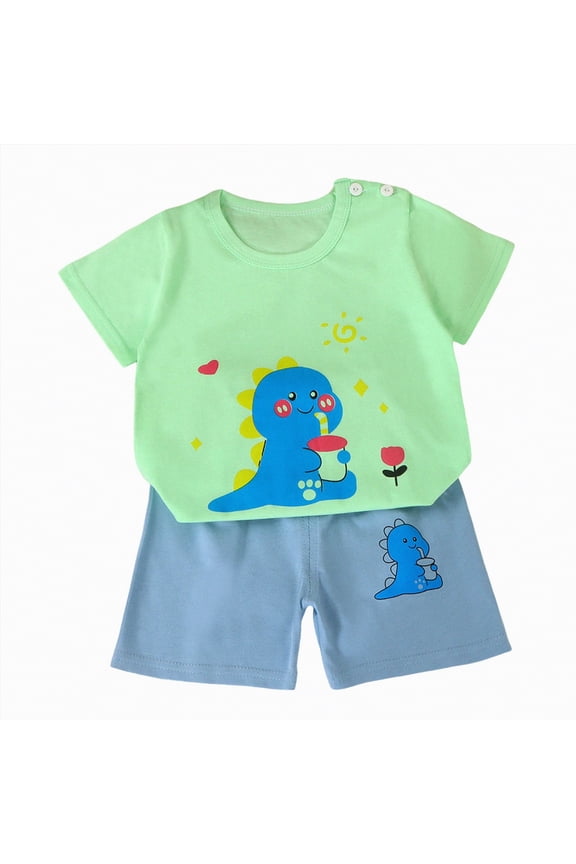 Toddler Baby Boy Clothes Summer Outfit Short Sleeve Dinosaur Print T-Shirt Shorts Set for Children(L01-Light Green,6-9 Months)