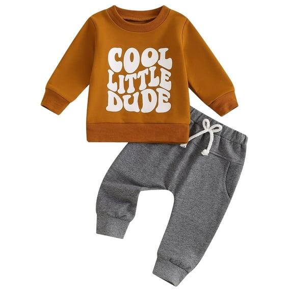 HCNTES Toddler Baby Boy Clothing Sets Little Dinosaur Printed Long Sleeve Tops and Pants Kids 2pcs Outfits baby boy fall clothes(Khaki,3-6 Months)