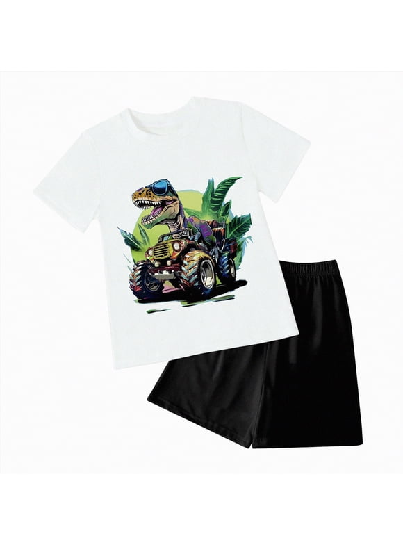 Toddler Baby Boy Dinosaur Summer Outfit Cute T-Shirt Shorts Set 6 12 18 Months 2T 3T 4T 5T 6T Summer Outdoor Clothes for kids(L01-White,6-7 Years)