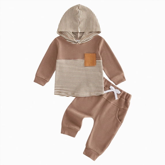 HCNTES Toddler Baby Boy Fall Outfit Set Contrast Color Stripe Long Sleeve Hoodie Hooded Jogger Pants Infant Waffle Clothes