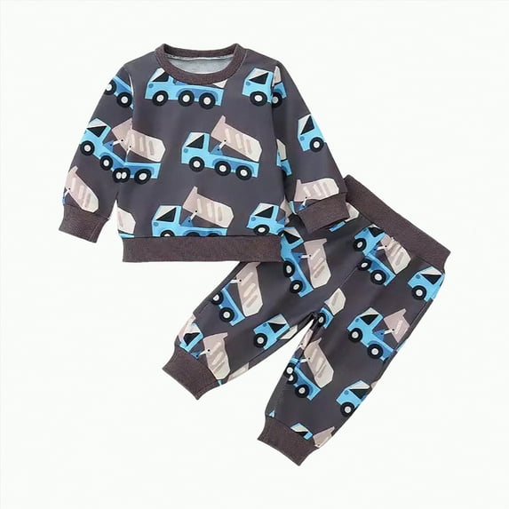 HCNTES Toddler Baby Boy Fall Outfits Truck Print Long Sleeve Crew Neck Sweatshirt Long Pants 2Pcs Clothes(2-3 Years,Grey&D3)