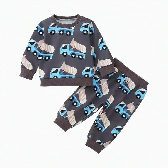 HCNTES Toddler Baby Boy Fall Outfits Truck Print Long Sleeve Crew Neck Sweatshirt Long Pants 2Pcs Clothes(Grey&3#6,3-6 Months)