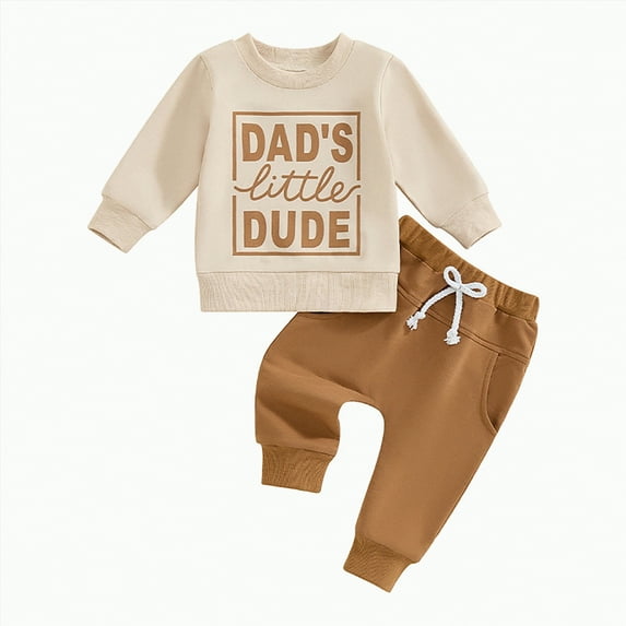 HCNTES Toddler Baby Boy Fall Winter Clothes Letter Graphic Long Sleeve Sweatshirt Pullover Tops + Joggers Pants Outfit Set(Khaki&L,18-24 Months)
