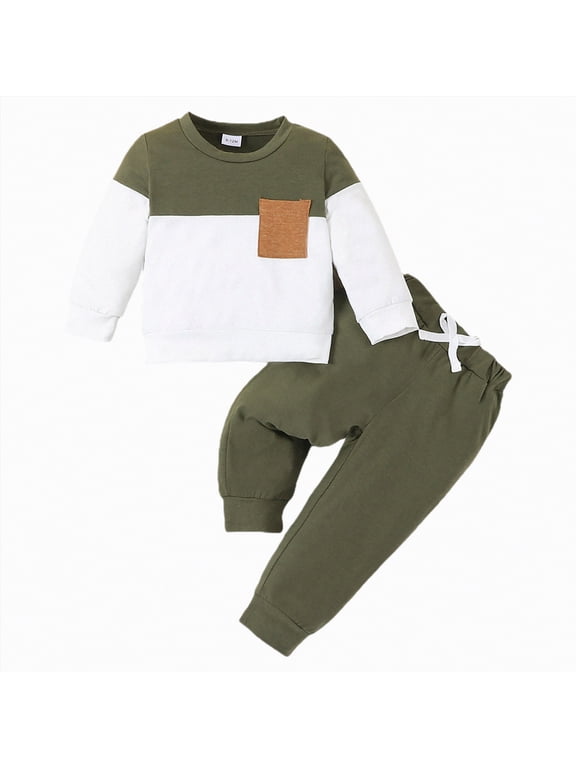 HCNTES Toddler Baby Boy Fall Winter Clothes Long Sleeve Crewneck Pullover Sweatshirt Jogger Pants Set 2 Piece Outfit(Green#2,6-12 Months)