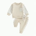 thumbnail image 1 of HCNTES Toddler Baby Boy Fall Winter Outfit Contrast Color Long Sleeve Sweatshirts Stretch Jogger Pants Clothes Set(Beige#1,6-12 Months), 1 of 5
