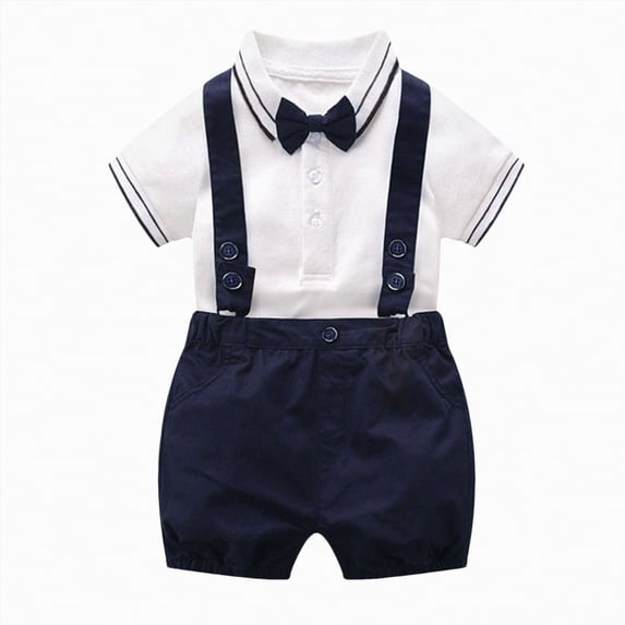 HCNTES Toddler Baby Boy Formal Outfits Complete Polo Shirt and Suspender Shorts 2-Piece Set Toddler Boy Formal Wear
