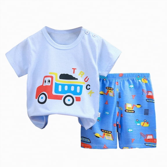 HCNTES Toddler Baby Boy Girl Spring Summer Clothes Kids Outfits Set Short Sleeve Shirt Tops Pants Set for Children(A-Light Blue,18-24 Months)