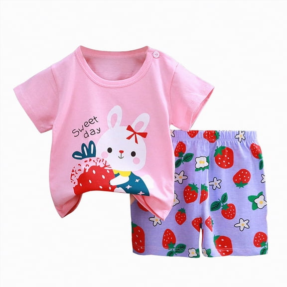 HCNTES Toddler Baby Boy Girl Spring Summer Clothes Kids Outfits Set Short Sleeve Shirt Tops   Pants Set for Children(A-Pink,18-24 Months)