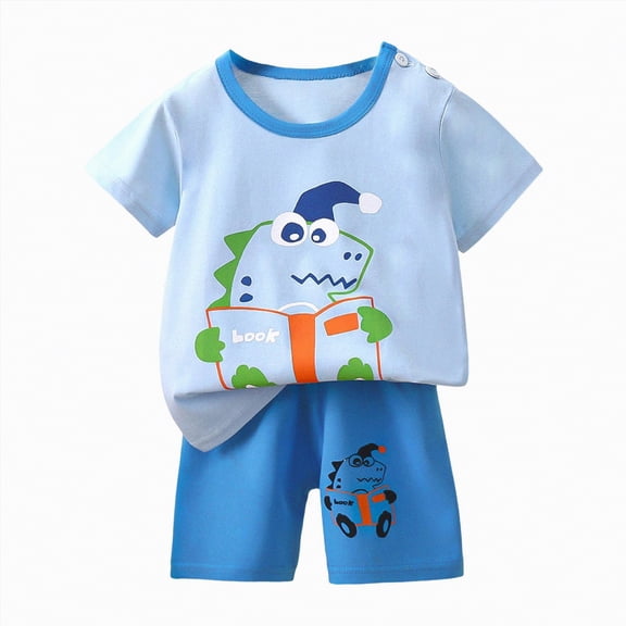 HCNTES Toddler Baby Boy Girl Spring Summer Clothes Toddler Kids Outfits Short Sleeve Shirt Tops   Pants Set(Light Blue,6-9 Months)