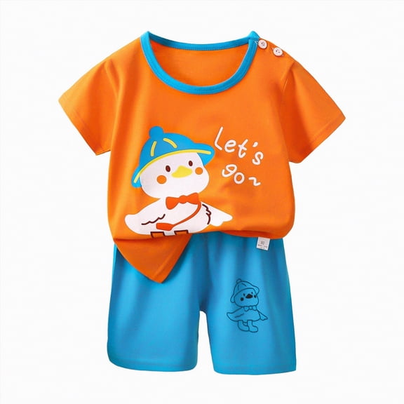 HCNTES Toddler Baby Boy Girl Spring Summer Clothes Toddler Kids Outfits Short Sleeve Shirt Tops   Pants Set(Orange,9-18 Months)