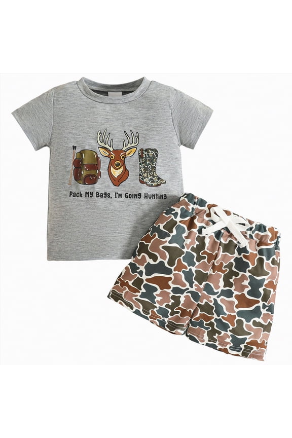 Toddler Baby Boy Outdoor Set Deer Antler Patch Tee and Camouflage Shorts for Camping Adventures Summer Toddler Boy Clothes