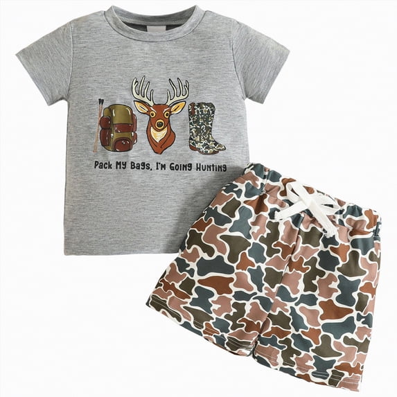HCNTES Toddler Baby Boy Outdoor Set Deer Antler Patch Tee and Camouflage Shorts for Camping Adventures Summer Toddler Boy Clothes