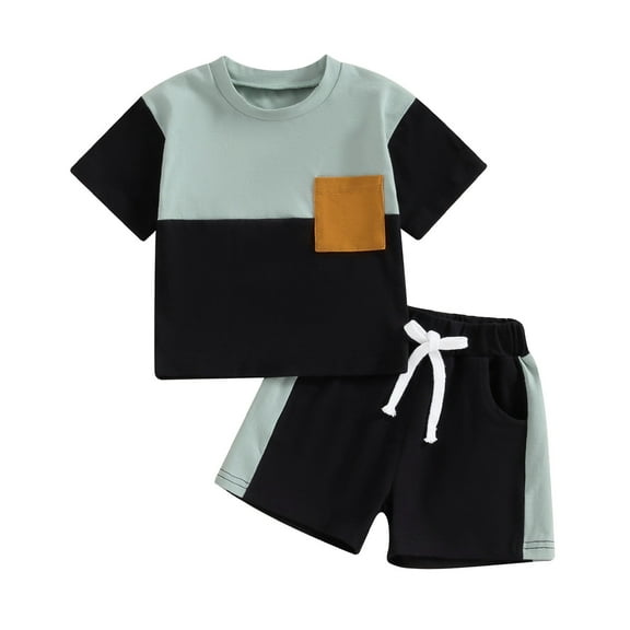 HCNTES Toddler Baby Boy Summer Clothes Color Block Short Sleeve T Shirt Tops Elastic Shorts 2Pcs Outfits boys 5 yars old cloths(18-24 Months,Black)