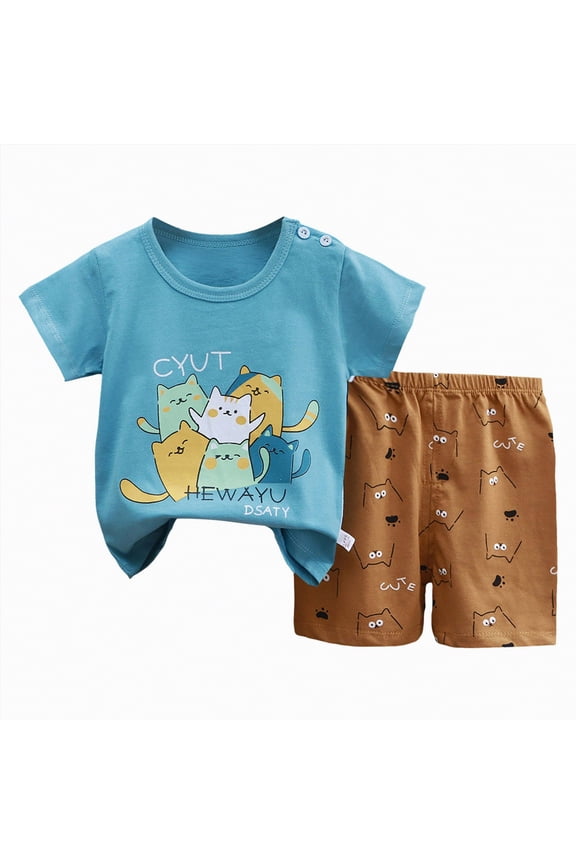 Toddler Baby Boy Summer Clothes Duck Print Short Sleeves T-Shirt Elastic Fashion PatternShorts 2 Piece Outfit(Brown,7-8 Years)