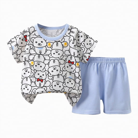 HCNTES Toddler Baby Boy Summer Clothes Embroidered Waffle Short Sleeve T-Shirts Elastic Shorts Newborn Infant Boy Outfits(6-12 Months,a151-Light Blue)