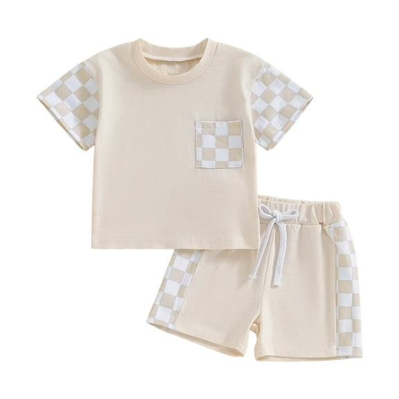 HCNTES Toddler Baby Boy Summer Clothes Plaid Patchwork Short Sleeve T Shirt Tops and Stretch Shorts Boy Outfit 6 9 month boy clothes fall(12-18 Months,Beige)