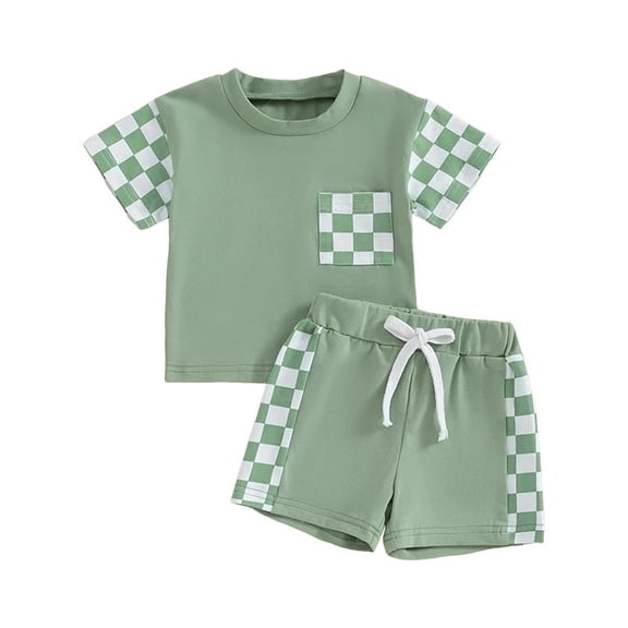 HCNTES Toddler Baby Boy Summer Clothes Plaid Patchwork Short Sleeve T Shirt Tops and Stretch Shorts Boy Outfit 6 9 month boy clothes(12-18 Months,Green)