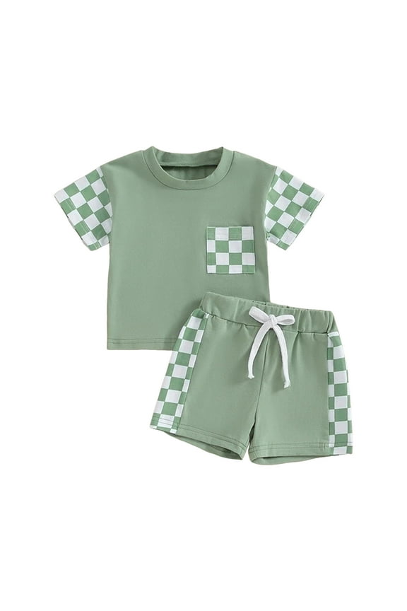 Toddler Baby Boy Summer Clothes Plaid Patchwork Short Sleeve T Shirt Tops and Stretch Shorts Boy Outfit 6 9 month boy clothes(12-18 Months,Green)