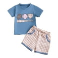 thumbnail image 1 of HCNTES Toddler Baby Boy Summer Clothes Short Sleeve Embroidery Baseball T Shirt & Plaid Shorts Set 2 Piece Outfit kids clothes under $5.00(6-12 Months,Blue), 1 of 9