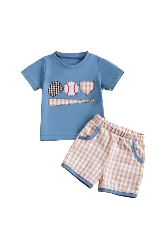 Toddler Baby Boy Summer Clothes Short Sleeve Embroidery Baseball T Shirt & Plaid Shorts Set 2 Piece Outfit kids clothes under $5.00(6-12 Months,Blue)