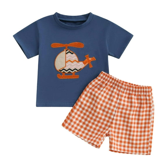 HCNTES Toddler Baby Boy Summer Outfit Airplane Pilot Short Sleeve T Shirts Tops Plaid Shorts Set Planet Clothes Set baby boy clothes under $ 5.00(6-12 Months,Blue)
