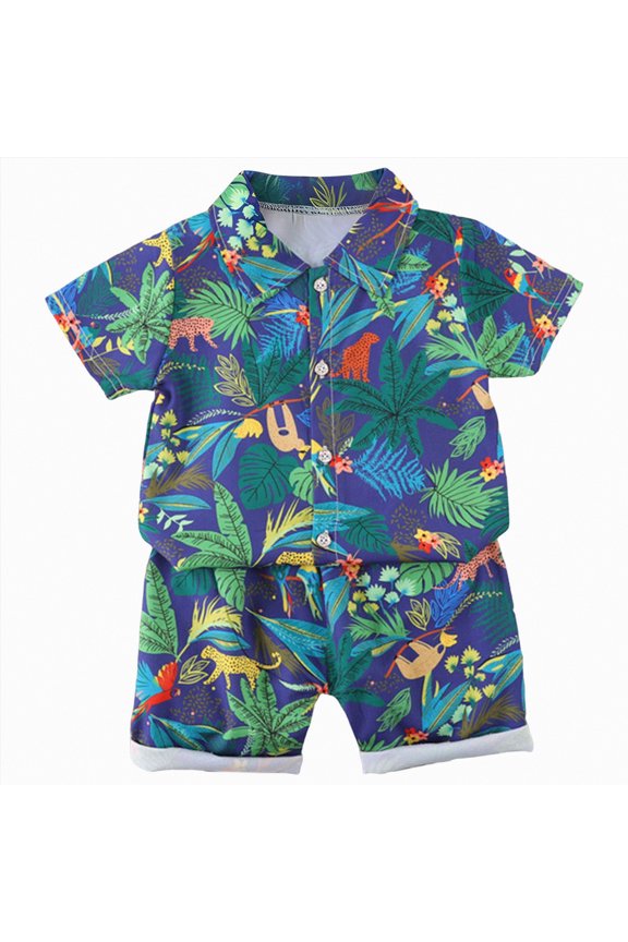 Toddler Baby Boy Summer Outfits Playful Jungle Animal Print Shirt and Shorts 2-Piece Set Toddler Boy Summer Clothes