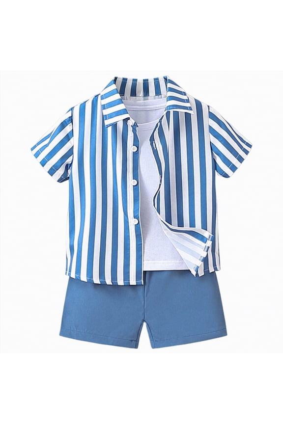 Toddler Baby Boy Summer Outfits Preppy Blue and White Stripe Button Down Shirt and Shorts 3-Piece Set Toddler Boy Summer Clothes