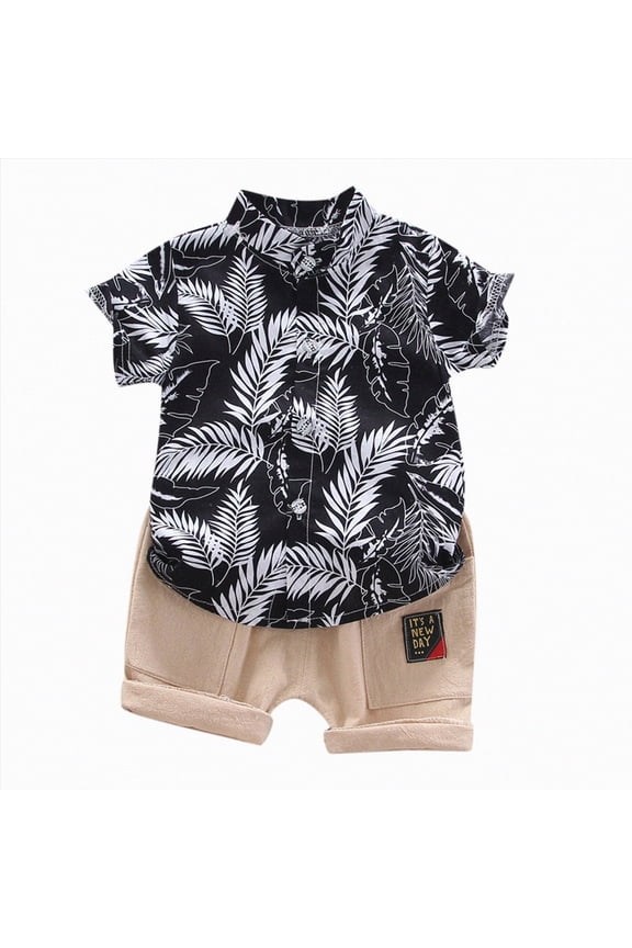 Toddler Baby Boy Summer Outfits Tropical Palm Leaf Print Shirt and Khaki Shorts 2-Piece Set Toddler Boy Summer Clothes