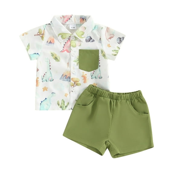 HCNTES Baby Toddler Boy Outfits Clothes Summer Kids Pattern Short Sleeve Button Down Shirt & Shorts Set 6-12 Months Light Green