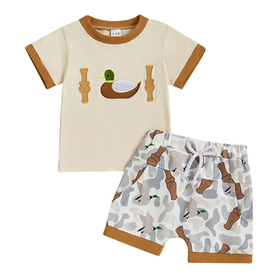 HCNTES Toddler Baby Boys Summer Clothes Baseball Short Sleeve Crewneck Shirt Tops and Shorts Sets(6-12 Months,Beige)