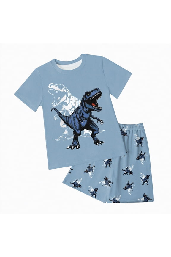 Toddler Baby Boys Summer Clothes Dinosaur Graphic Short Sleeve Shirt T-Shirt Tops + Casual Shorts Outfit Set(Light Blue,4-5 Years)
