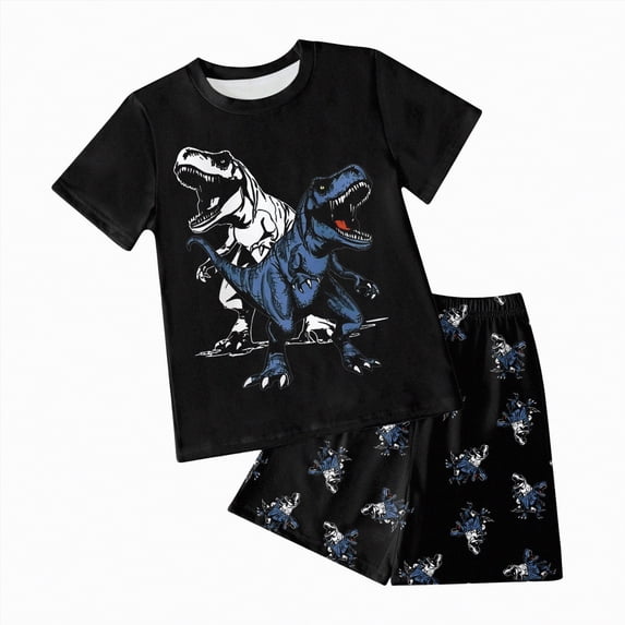HCNTES Toddler Baby Boys Summer Clothes Dinosaur Graphic Short Sleeve Shirt T-Shirt Tops + Casual Shorts Outfit Set(Navy,3-4 Years)