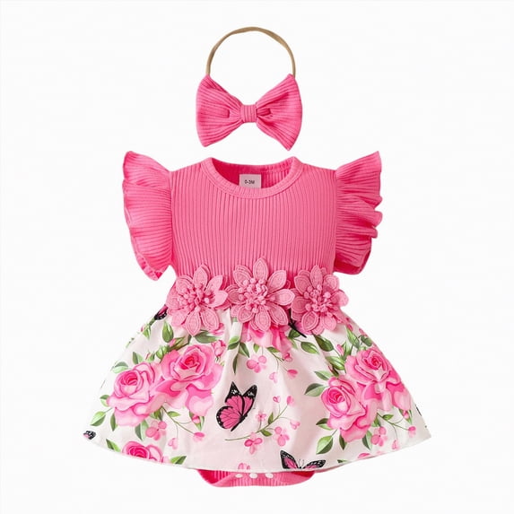 HCNTES Toddler Baby Girl Clothes Newborn Infant Outfits Ruffle Romper+ Soft Pants + Cute Headband Spring Summer Sets for Girls(Z01-Hot Pink,0-3 Years)