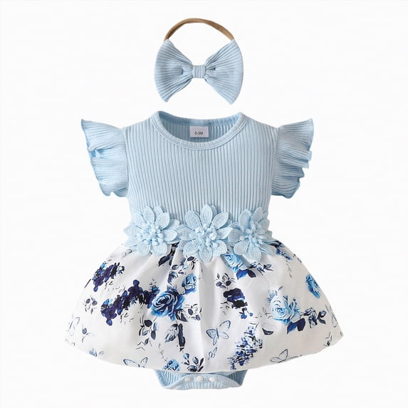 HCNTES Toddler Baby Girl Clothes Newborn Infant Outfits Ruffle Romper+ Soft Pants + Cute Headband Spring Summer Sets for Girls(Z01-Blue,0-3 Years)
