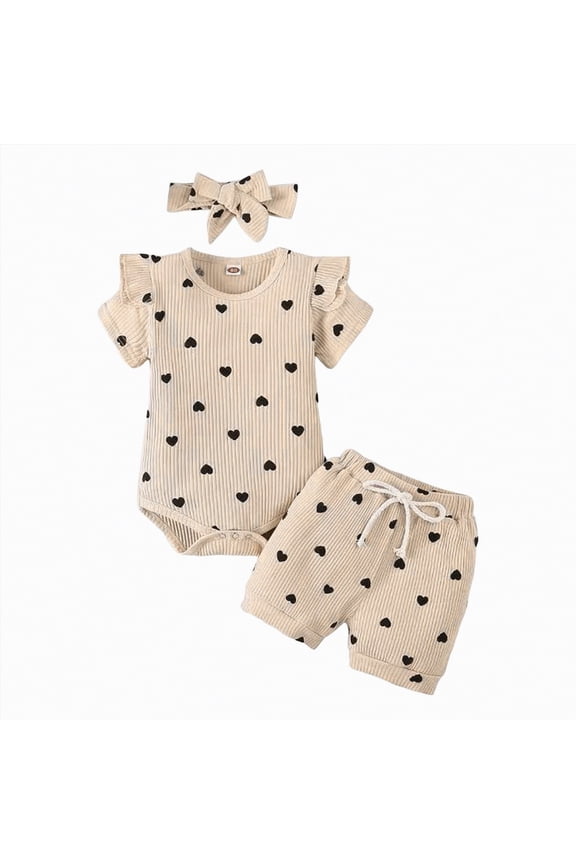 Toddler Baby Girl Clothes Spring Summer 2PCS Outfits Set Short Sleeve Romper With Elastic Shorts For Kids Girls Outdoor Play Fashion(Beige,3-6 Months)