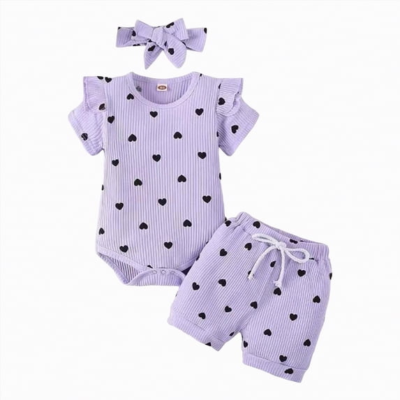 HCNTES Toddler Baby Girl Clothes Spring Summer 2PCS Outfits Set Short Sleeve Romper With Elastic Shorts For Kids Girls Outdoor Play Fashion(Purple,9-12 Months)