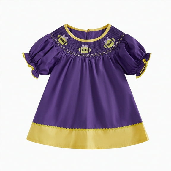 HCNTES Toddler Baby Girl Dress College Football Game Day Outfit Puff Short Sleeve Smocked Bubble Dresses Playwear(Purple,12-18 Months)