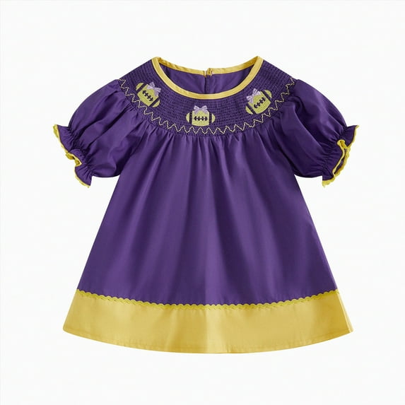 HCNTES Toddler Baby Girl Dress College Football Game Day Outfit Puff Short Sleeve Smocked Bubble Dresses Playwear(Purple,3-4 Years)