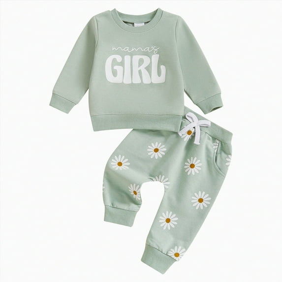 HCNTES Toddler Baby Girl Fall Outfits Long Sleeve Mamas Girl Sweatshirts Print Sweatpants 2Pcs Winter Clothes Set(Green&3,6-12 Months)