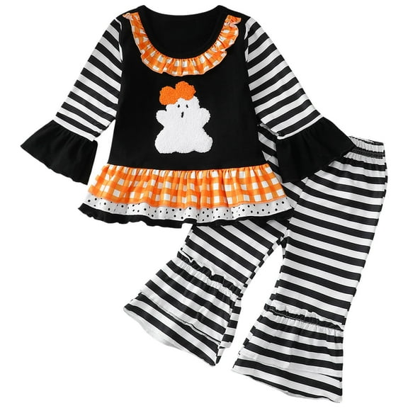 HCNTES Toddler Baby Girl Halloween Outfit Flare Long Sleeve Pumpkin Embroidery Top Bell Bottoms 2Pcs Set(2-3 Years,G1-Black)