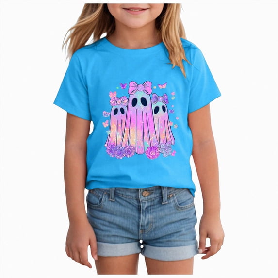 HCNTES Toddler Baby Girl Halloween Shirt Cute Ghost Pumpkin T-Shirt for Kids Short Sleeve Tee Fall Tops