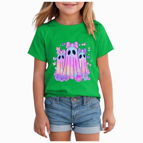HCNTES Toddler Baby Girl Halloween Shirt Cute Ghost Pumpkin T-Shirt for Kids Short Sleeve Tee Fall Tops