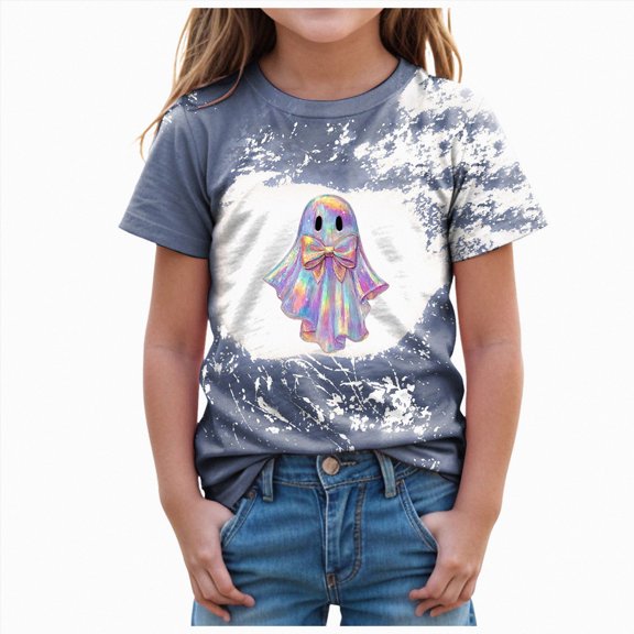 HCNTES Toddler Baby Girl Halloween Shirt Ghost Tshirt Spooky Season Short Sleeve Tee Top Kid Fall Clothes