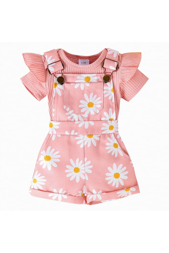 Toddler Baby Girl Spring Summer Daily Outfit Breathable Fabric Romper Set with Elastic Bottoms for Kids Girls(Pink,0-3 Months)